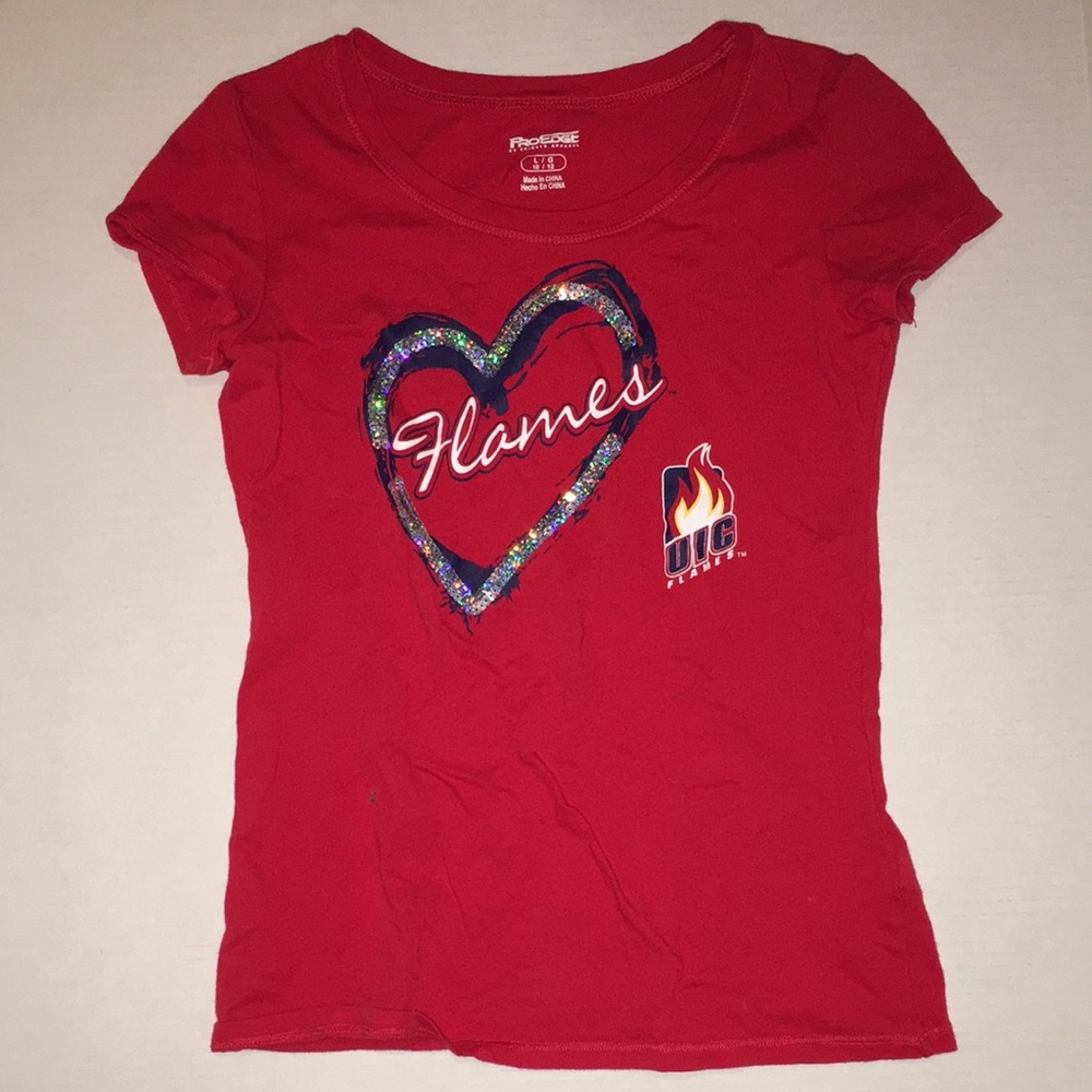 UIC Flames Red Graphic Tee with Heart Sequin Accent | Girls size L (10/12)
